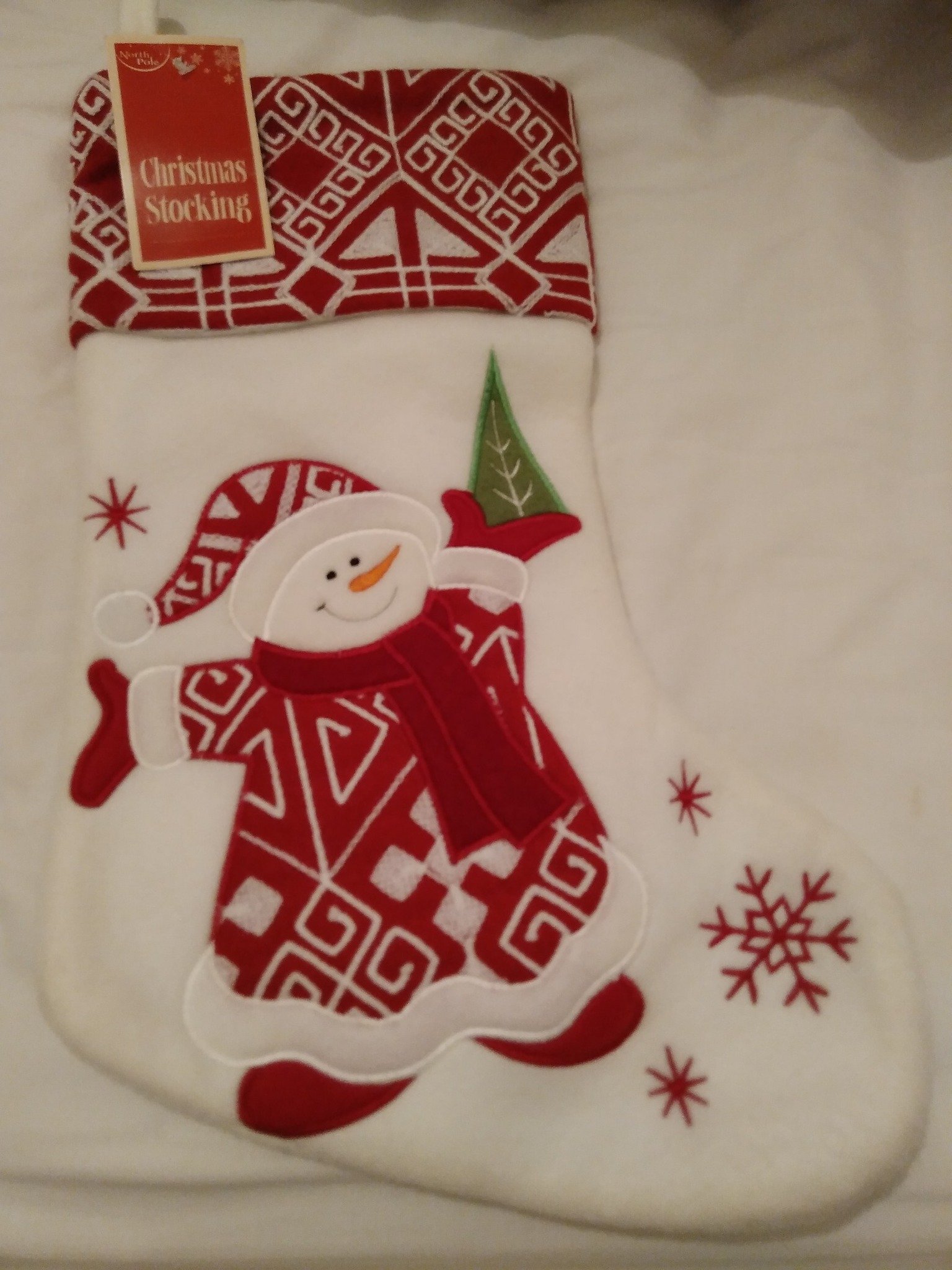PERSONALISED SNOWMAN CHRISTMAS STOCKING (RED/CREAM)-CHRISTM AS STOCKINGS,SANTA STOCKINGS,PERSONALISED,SANTA SACKS,SNOWMAN,NORDIC STOCKING