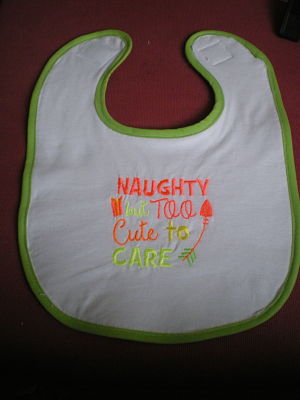 LOVELY HANDMADE BABIES BIB NAUGHTY BUT TO CUTE TO CARE-HANDMADE,BABIES,BABY,BOY,GIRL,UNISEX,NAUGHTY BUT TO CUTE TO CARE,BIB,CHEAP