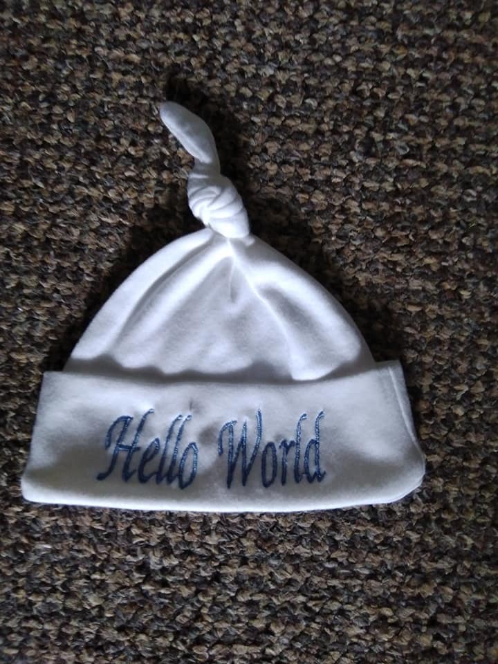 MACHINE EMBROIDERED HELLO WORLD BABY HAT - NEWBORN - BLUE-MACHINE EMBROIDERED,HELLO WORLD,BABY HAT,NEWBORN